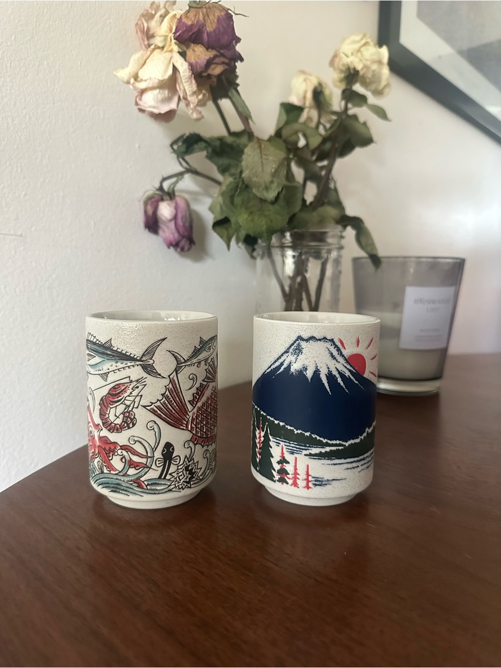 Pair of Japanese Ceramic Cups with Scenic & Marine Designs - Blue, Red, White